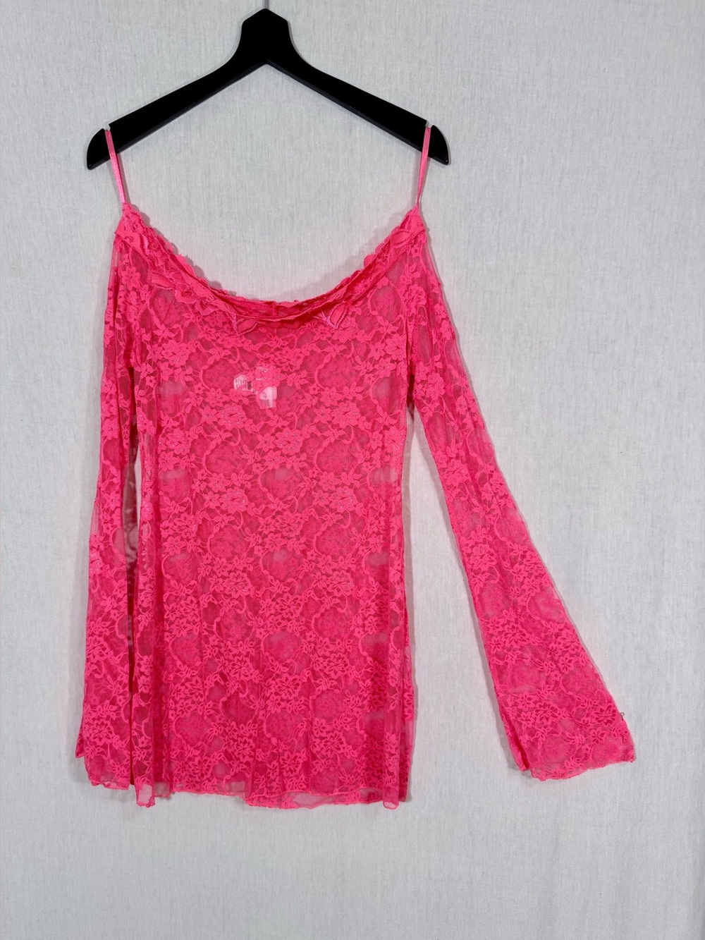 Dream girl S Hot Pink Lace Off-Shoulder bell sleeve lingerie minidresse
